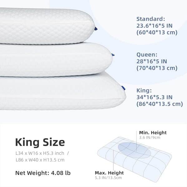 inight Oreiller 40x80cm, Oreiller pour dormeur sur Le côté, douleurs cervicales, Oreiller orthopédique, Ensemble de 2 oreillers en Mousse à mémoire de Forme -14cm