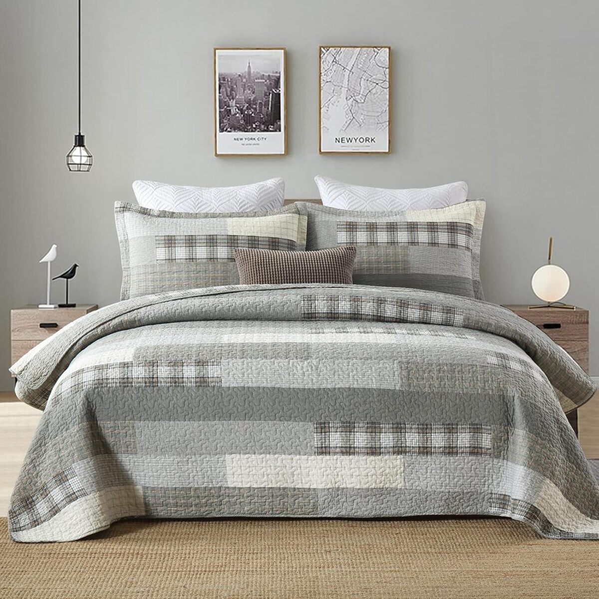 Test : sahSahCasa Parure de lit King size en coton à carreau gris