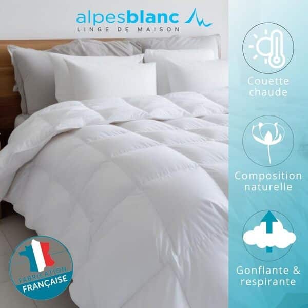 Alpes Blanc - Couette Naturelle Hiver 360 g/m² - Garnissage 30% Duvet et 70% plumette – Chaude et gonflante - Fabrication française
