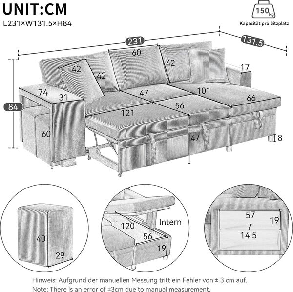 Zubaliya Canapé d'angle convertible en L avec port de charge USB et espace de rangement,canapé convertible 3 places avec étagères latérales et 2 tabourets,canapé lit avec coussins,Velours côtelé,Beige