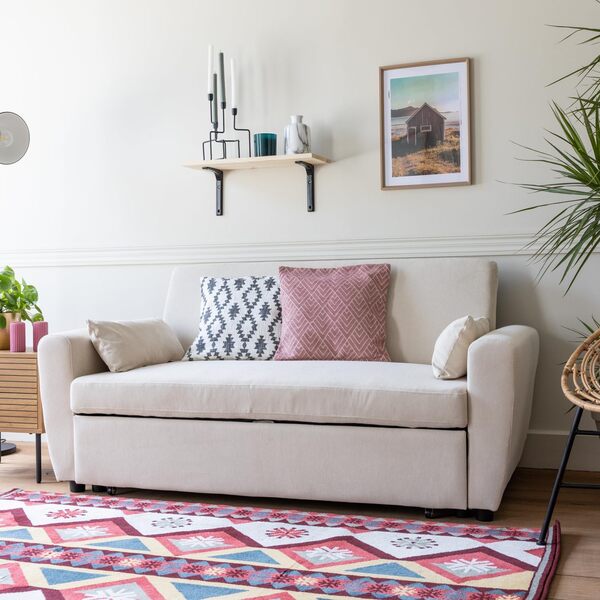 Happy Garden Canapé Convertible Matt en Velours Beige 2 Places. Canapé avec Dossier inclinable et Coussins