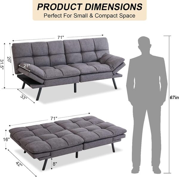 Opoiar Canapé-lit futon en mousse à mémoire de forme convertible moderne avec accoudoirs, pieds en métal, futon gris pour petit espace