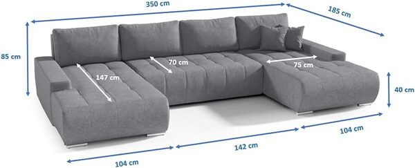 BELUTI - Canapé d'angle panoramique en U Convertible. Tissu Design. Lit + Coffre de Rangement (Gris foncé)