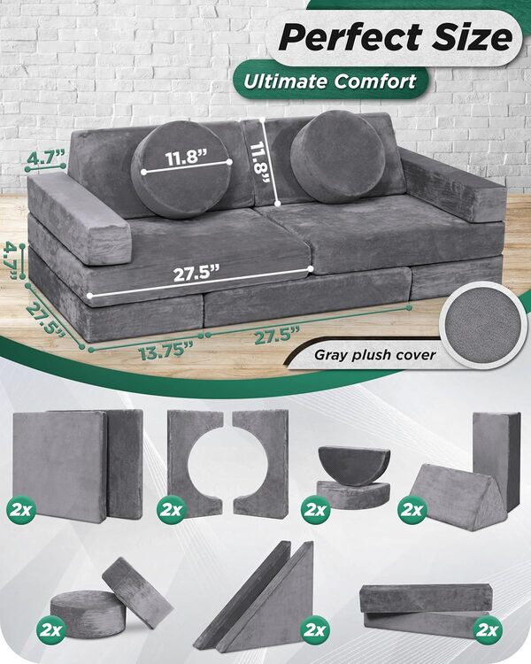 Lunix LX15 Lot de 14 canapés de jeu modulaires pour enfants, canapé sectionnel pour enfants, meubles de chambre à coucher et de salle de jeux pour tout-petits, mousse convertible et coussin de sol