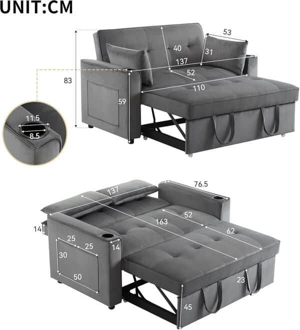 Canapé Convertible 2 Places avec Porte-gobelet et Dossier Réglable, Canapé Lit 2 Places avec Poches d'accoudoirs et Oreillers, Canapé 2 Places Pliable Multifonctionnel au Salon Chambre Appt, Gris