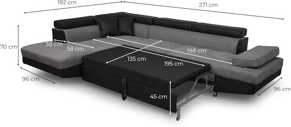 LOUNGITUDE - RIO - Canapé d'angle Gauche- Convertible - 5 Places - Coffre - Têtières - Simili/Microfibre - Gris/Noir - L271cm