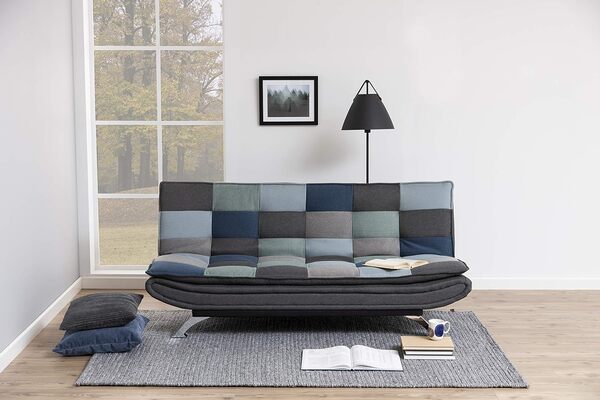 AC Design Furniture Jasper canapé-lit, l : 196 x H : 91 x P : 96 cm, patchwork bleu/gris, tissu/chromé