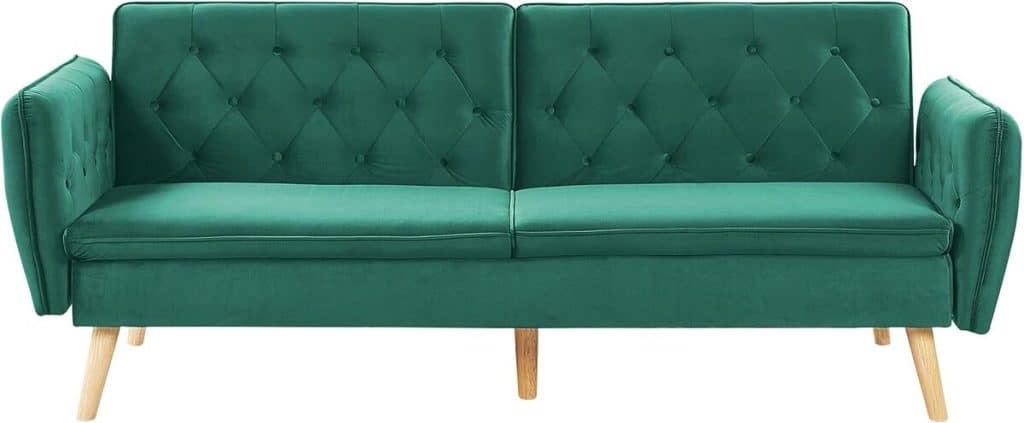 Test Beliani canapé 2 places convertible en lit double en velours vert foncé