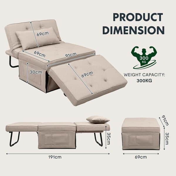 FLEXISPOT Fauteuil Relaxant 91x69x35cm Lit Convertible Dossier, Chaise Longue 3 en 1, Fauteuil de Couchage Extensible avec Fonction Lit, Capacité de Charge Jusqu'à 300 kg, Beige