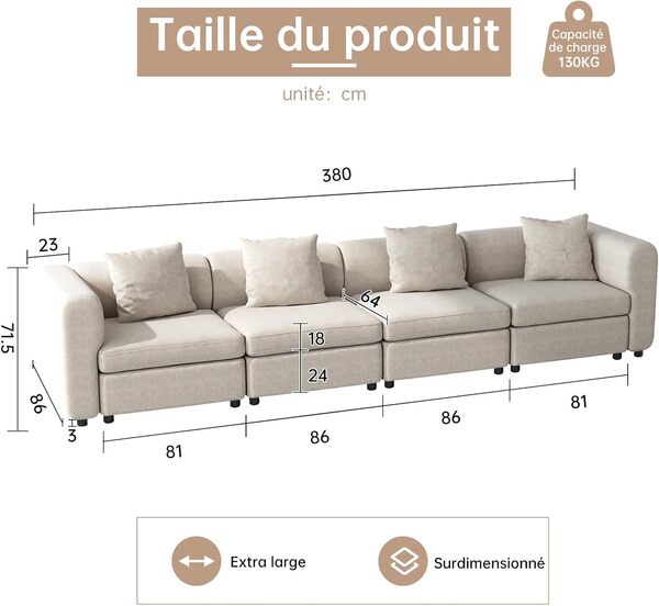 Miuuod Canapé sectionnel surdimensionné 4 places pour le salon, 4 places pour petit espace, canapé large et convertible, couche confortable en velours pour salon, chambre à coucher, canapé-lit (beige)