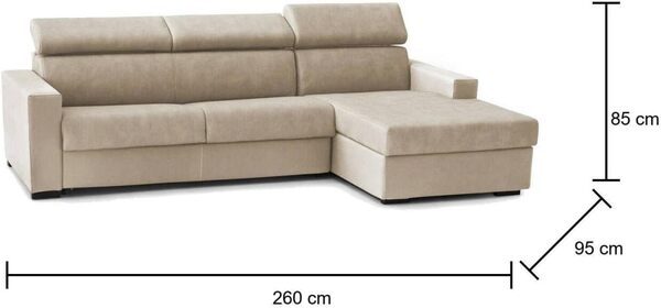 Talamo Italia - Canapé d'angle convertible Alceste, Canapé à ouverture pivotante, Péninsule de rangement droite, Accoudoirs fins, 100% Made in Italy, 260x95h85 cm, Beige