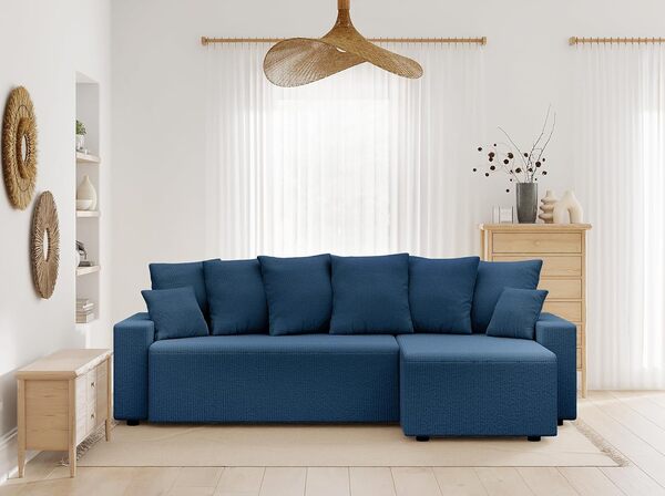 BAÏTA Canapé d'angle Alma 4 Places Convertible en Velours côtelé Bleu Cobalt