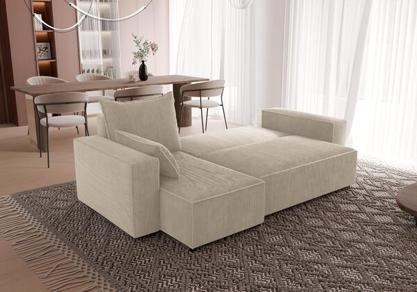 Tobi Canapé d'angle, convertible, 246 x 145 cm, avec tiroir de lit, d'angle en forme de L, convertible et tiroir, universel, Poso 100 beige