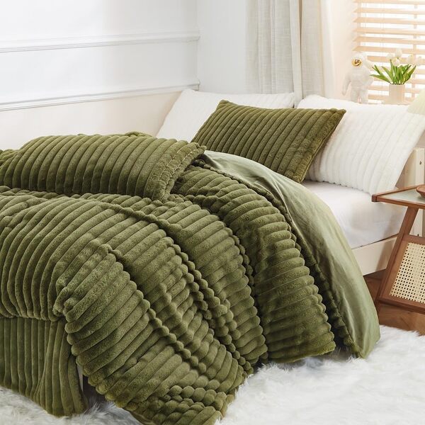 Lanqinglv Parure de lit en peluche 220 x 240 cm - Vert olive - Pour l'hiver chaud et moelleux - En fausse fourrure - Pour l'hiver - Douillette - Toucher cachemire - Épaisse - Avec fermeture éclair et