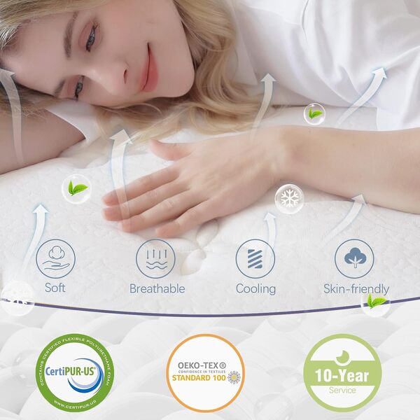 Matelas 160 x 200 cm, 36 cm, H3, hauteur 7 zones, matelas orthopédique à ressorts ensachés, avec couche en mousse à mémoire de forme confortable, certifié Oeko-Tex, 101 nuits