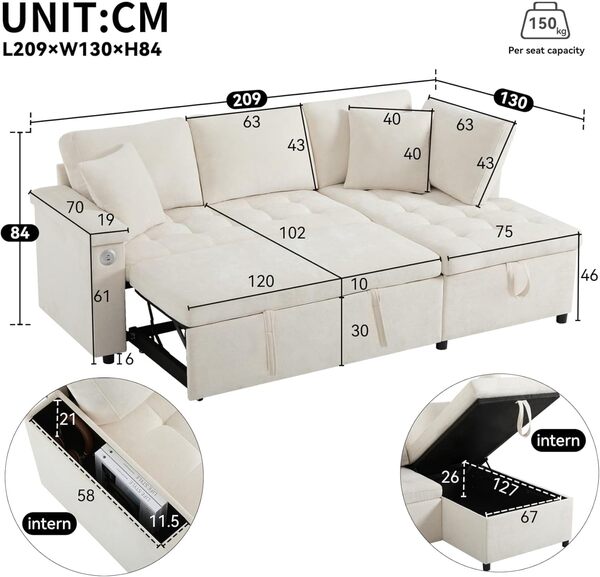 Canapé Convertible Moderne avec Fauteuil inclinable et Espace de Rangement,canapé en Forme de L avec Port USB et 2 Coussins,pour Salon,Chambre à Coucher et Bureau (Beige)