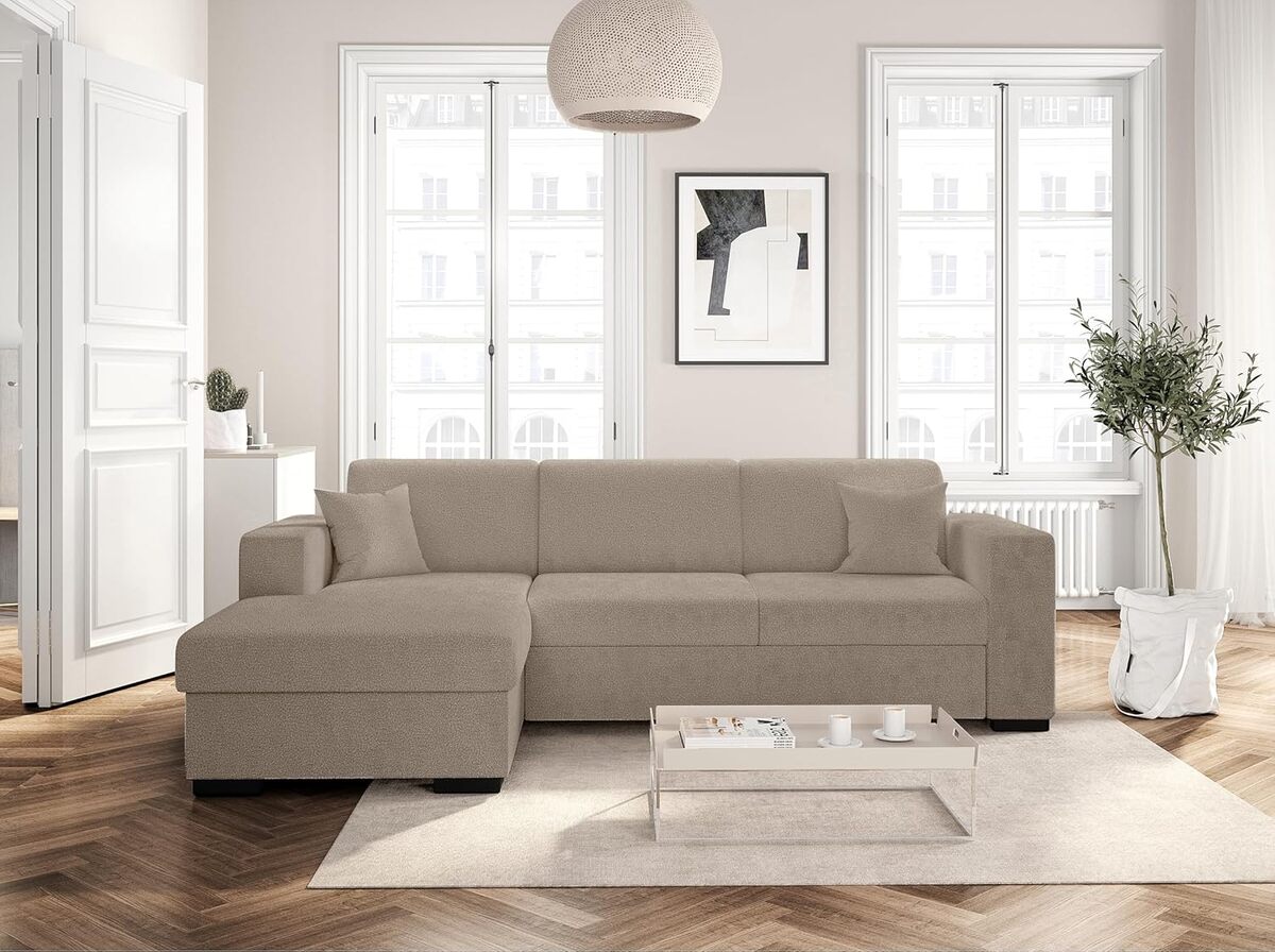 Test du canapé d'angle convertible LOUNGITUDE Caribi en tissu bouclettes taupe