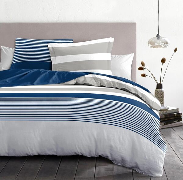 Parure de Couette 220x240 cm – 3 pièces – Percale de Coton Douce – Housse + taies – Blanc & Bleu Encre – Modèle La Courtisane