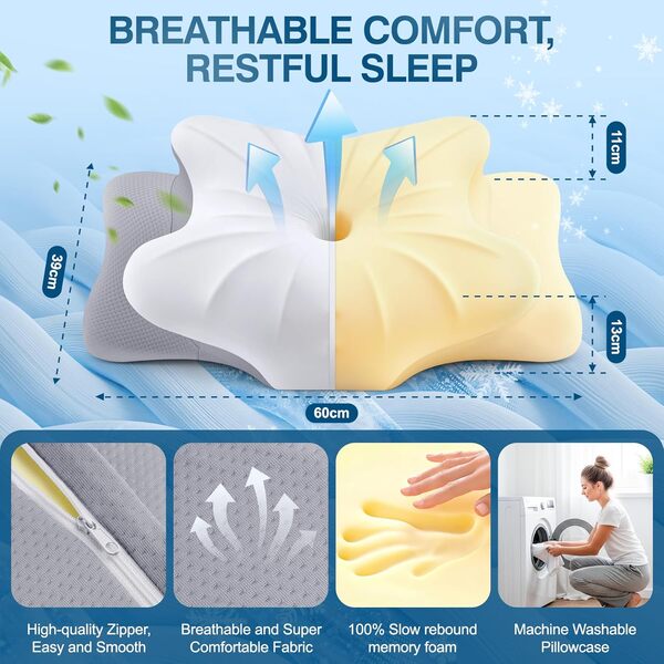 Oreiller Ergonomique Cervical Mémoire de Forme, Technologie Rafraîchissante, Ergonomique Cervical, Adapté pour Dormeurs de Côté, de Dos et sur Le Ventre