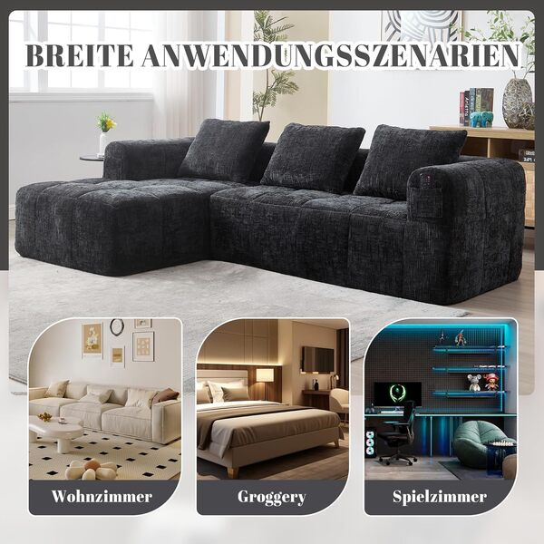 Canapé en Forme de U, 3 Places avec Méridienne, Design Moderne Rembourré avec Accoudoirs et 3 Coussins, Chenille Noir