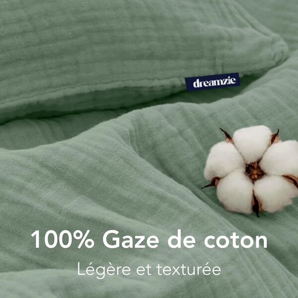 Dreamzie - Housse de Couette Gaze de Coton 220x240 cm, Vert, avec 2 Taie Oreiller 80x80 cm, Parure de Lit 220x240 Coton Léger et Respirant - Linge de Lit Certifié Oeko-Tex