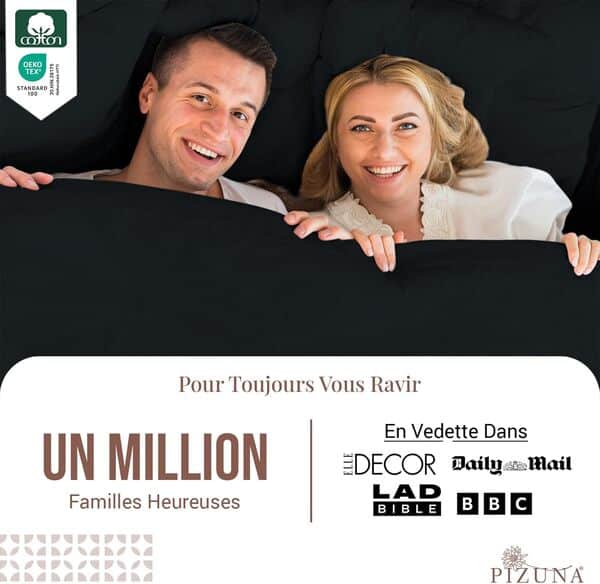 Pizuna Coton Peigné Parure de Lit 180x200 cm Complet Noire, 100% Coton Longue Durée 400 Fils Armure Satin Comprend 1 Drap Housse, 1 Drap Plat, 2 Taie d'oreiller (Coton Draps 2 Personnes)