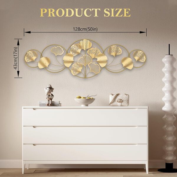 QHENS Decoration Murale Metal Doré, Decoration Murale Salon de Ginkgo 128 x 43 cm, Deco Murale Salon, Feuille Réglable, pour Salle D'étude Chambre à Coucher Hôtel