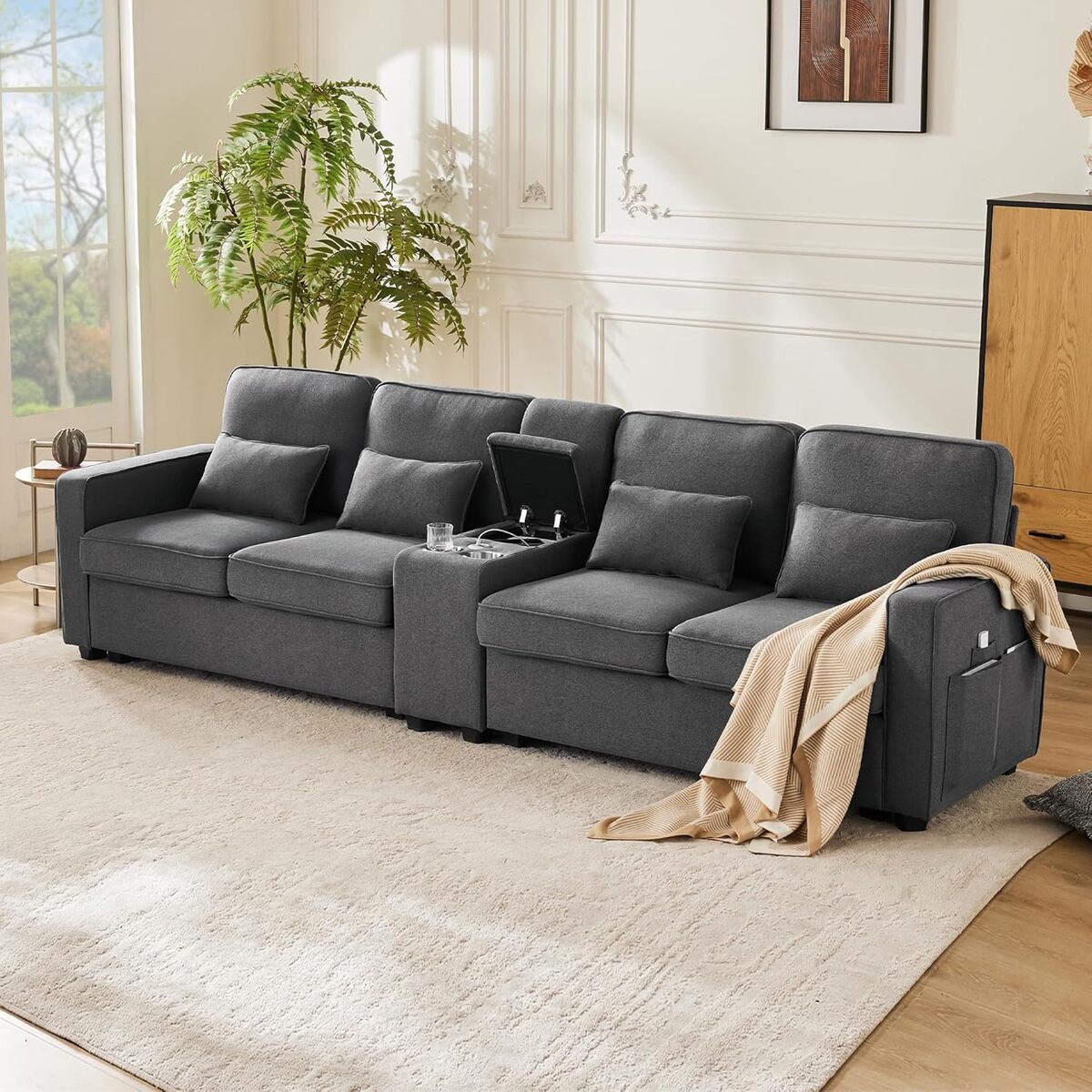Test canapé Sapgaks moderne 4 places en lin gris foncé