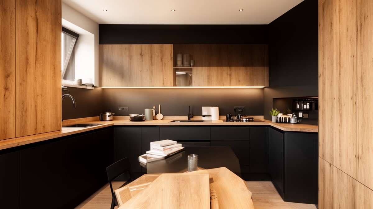 Meubles en bois et plan de travail noir : une combinaison gagnante