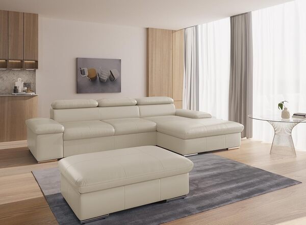 CAVADORE Valerie Canapé-lit en Cuir avec Chaise Longue XL, canapé d'angle Convertible, tête de lit réglable et Grande Chaise Longue, 286 x 73 x 174 cm, en Cuir véritable, Blanc