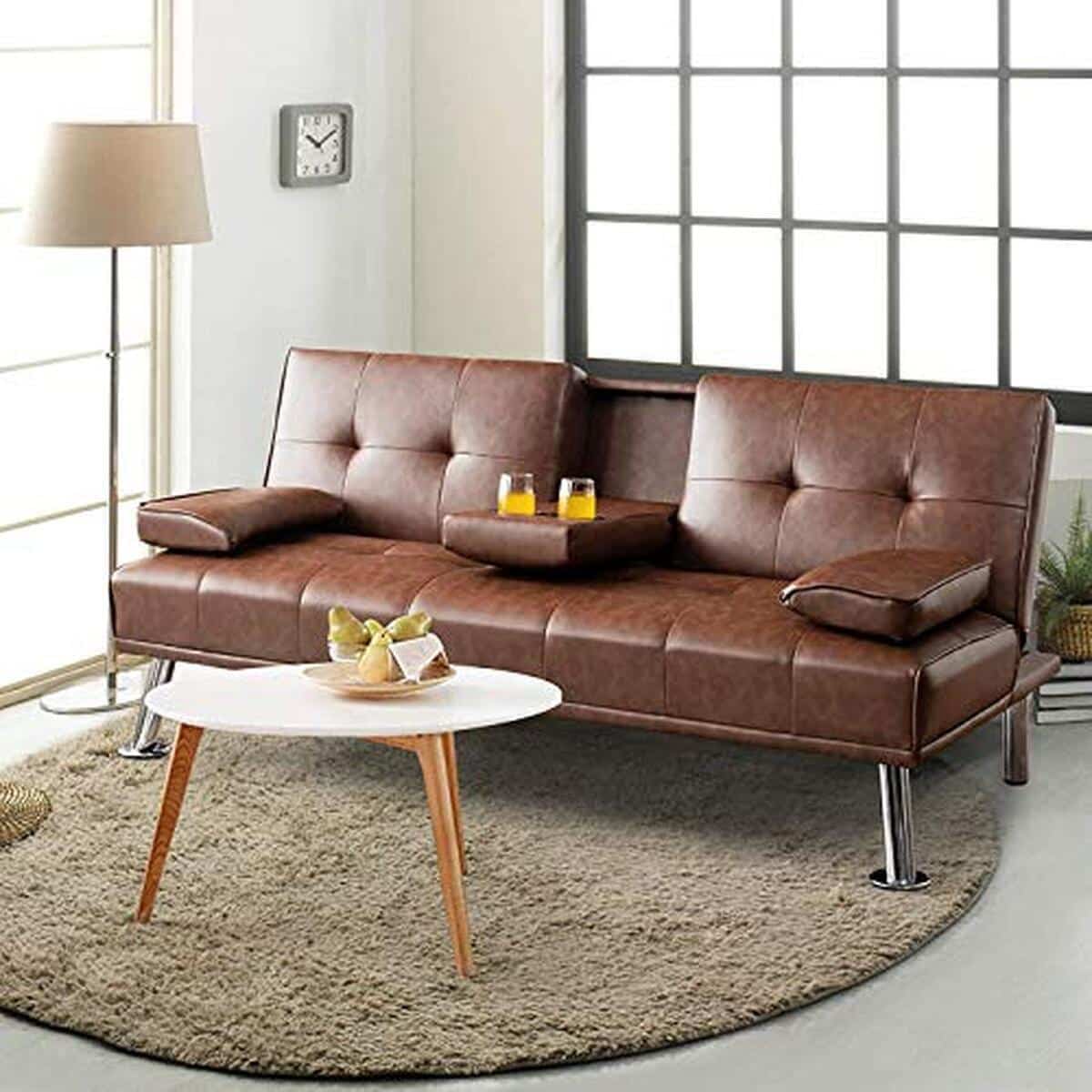 Test du canapé-lit futon Arlime en simili cuir avec porte-gobelet pliable
