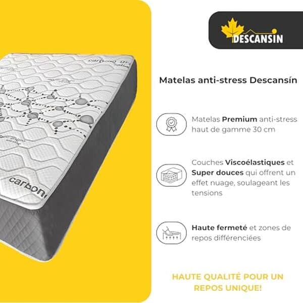 Plongez dans un univers de confort avec le matelas Descansín ferme de 30 cm. Profitez de nuits réparatrices et libérez-vous du stress pour un bien-être optimal.