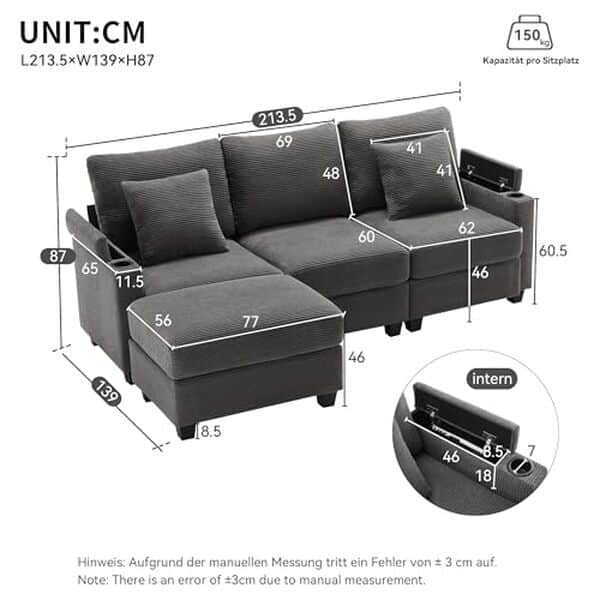 Découvrez notre test complet du canapé d'angle convertible en velours côtelé gris foncé avec USB intégré et espace de rangement pratique.