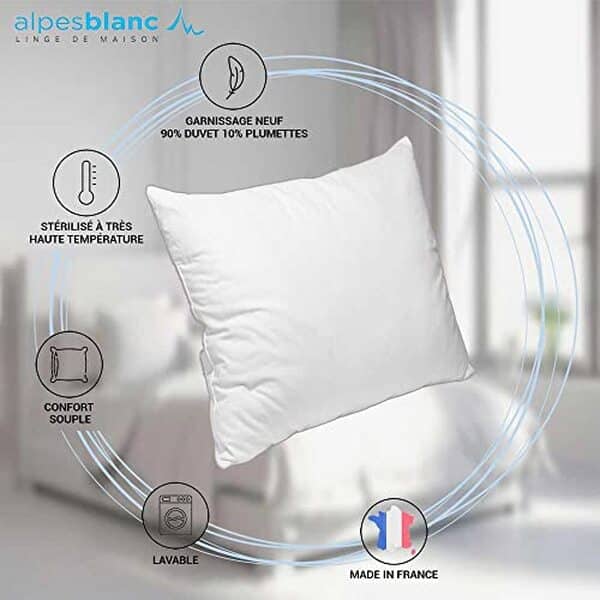 Découvrez l'oreiller Alpes Blanc, un oreiller haut de gamme en duvet de canard offrant un confort luxe incomparable. Avis et test complet. 