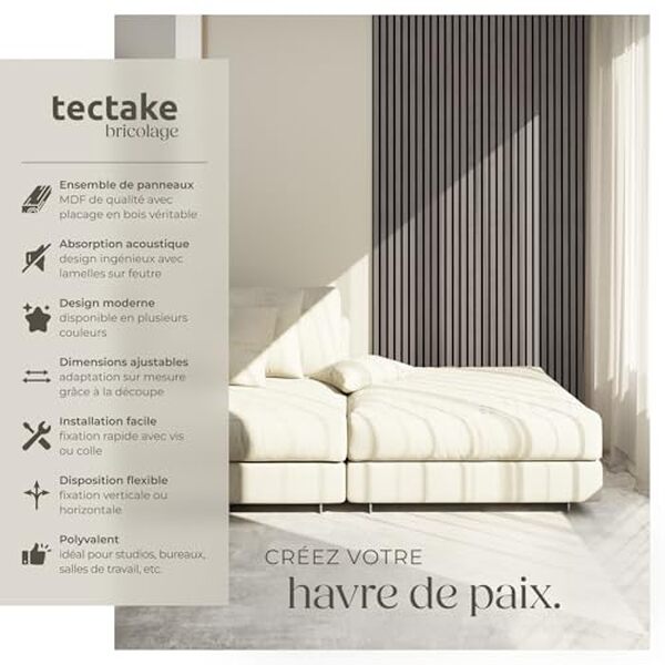Découvrez notre test complet des panneaux acoustiques tectake MDF 120x60 cm : isolation sonore, qualité et installation pour votre intérieur.