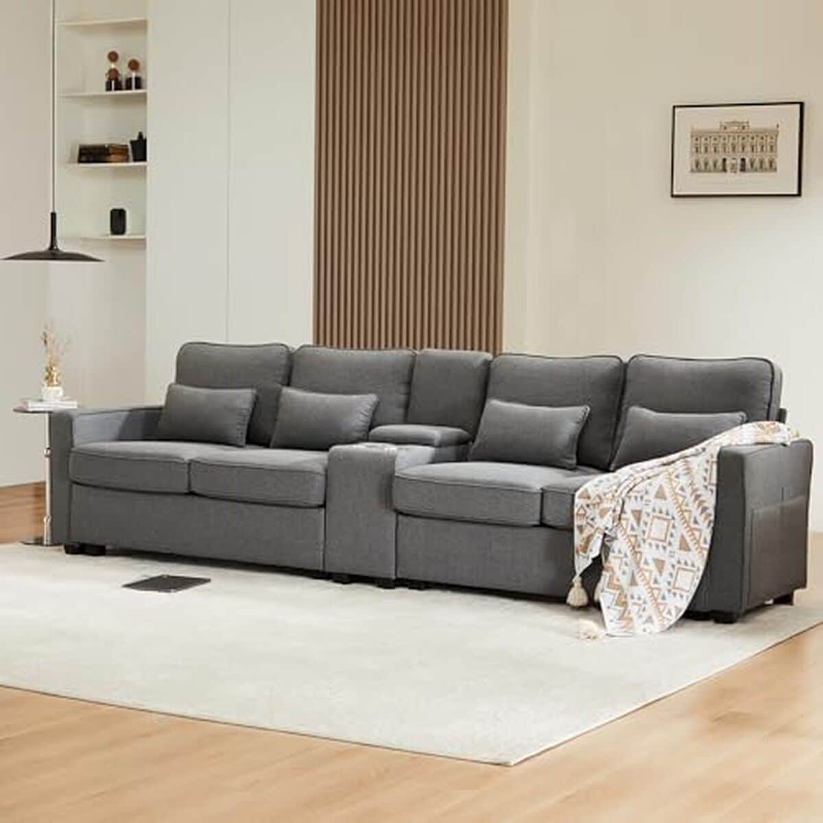 Test canapé moderne 4 places en lin gris foncé