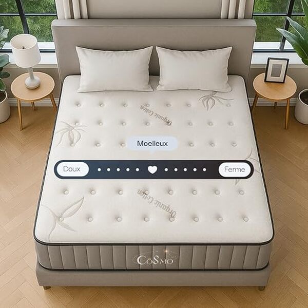Découvrez notre test complet du matelas hybride Cosmo up 160x200 cm : confort moelleux à ferme, qualité et durabilité analysés en détail.