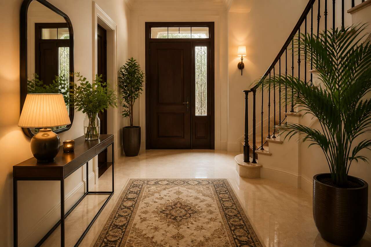 Rendre l&rsquo;entr&eacute;e chaleureuse : &eacute;clairage, tapis, miroir et touches v&eacute;g&eacute;tales